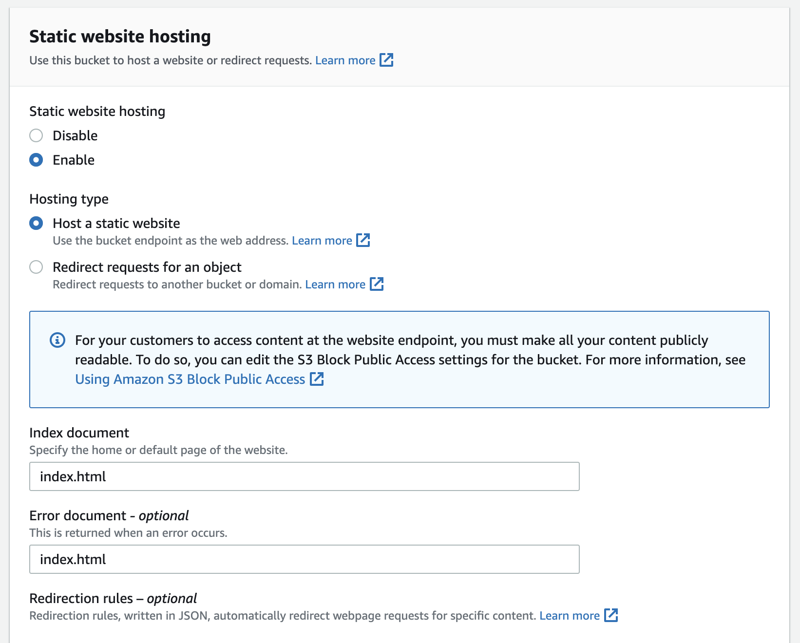 Static Hosting Settings